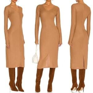 Rag & Bone The Knit Rib Bias Midi Dress In Camel Size L V-Neck Long Sleeve